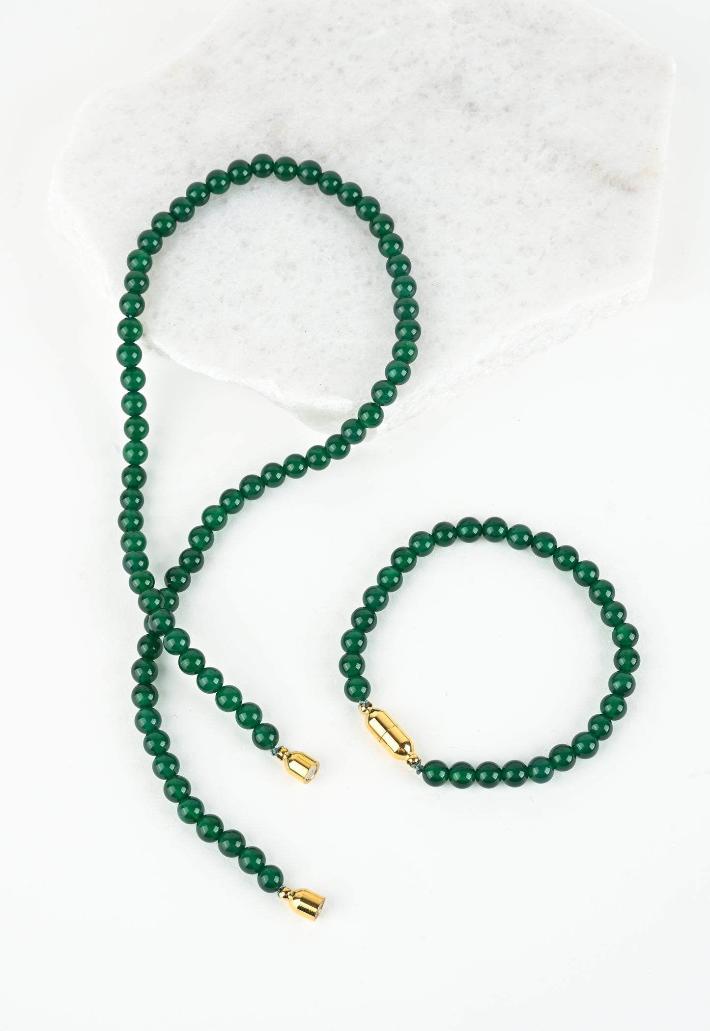 Green agate beads necklace and bracelet with gold closures