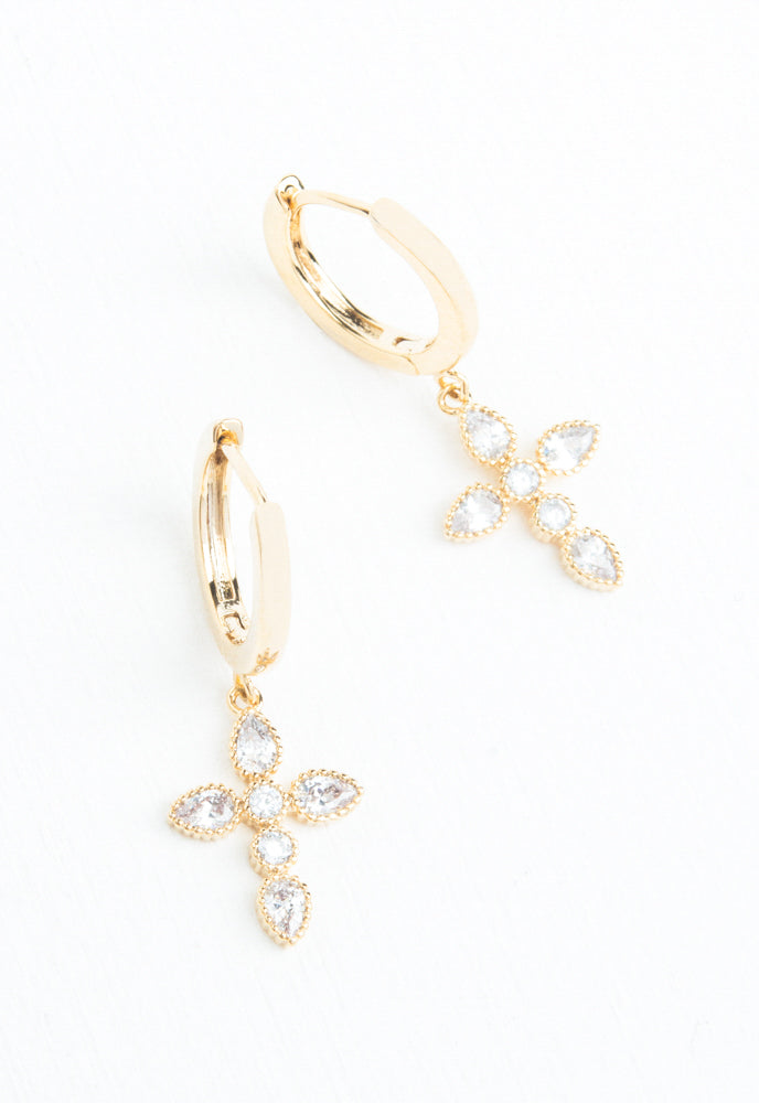 Shimmering Cross Huggie Earrings in Gold