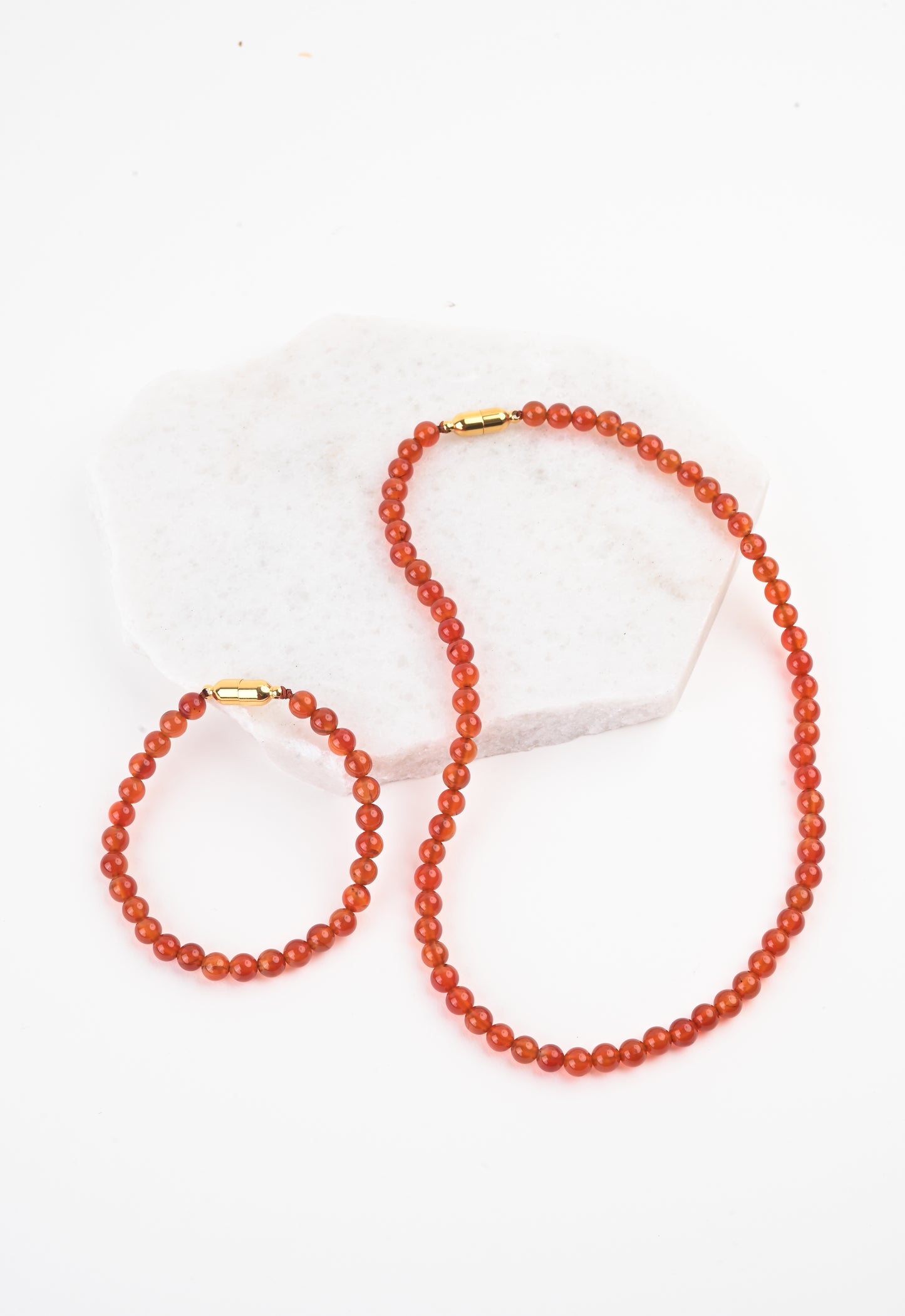 Burnt orange agate bead necklace and bracelet with gold closures