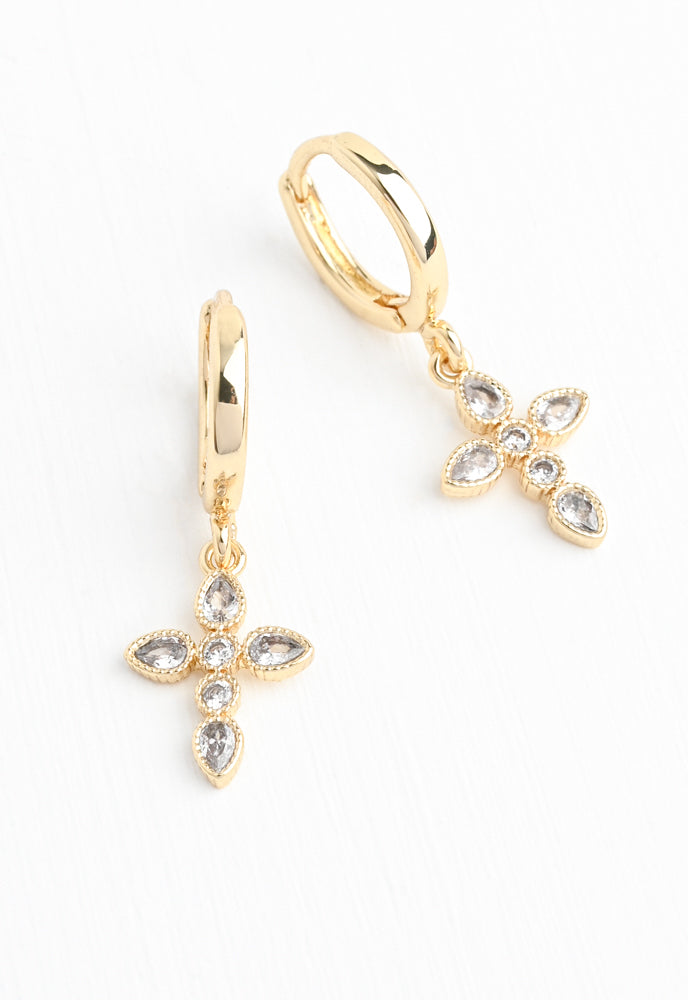 Shimmering Cross Huggie Earrings in Gold