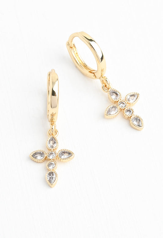 Shimmering Cross Huggie Earrings in Gold