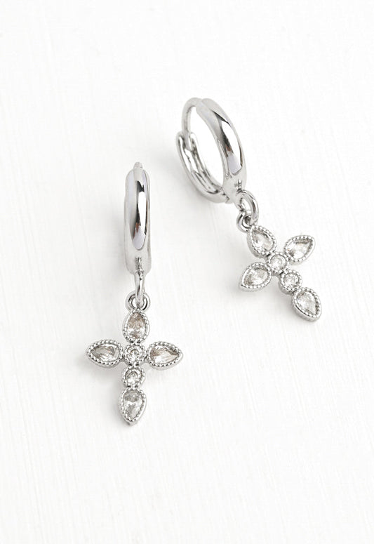 Shimmering Cross Huggie Earrings in Platinum