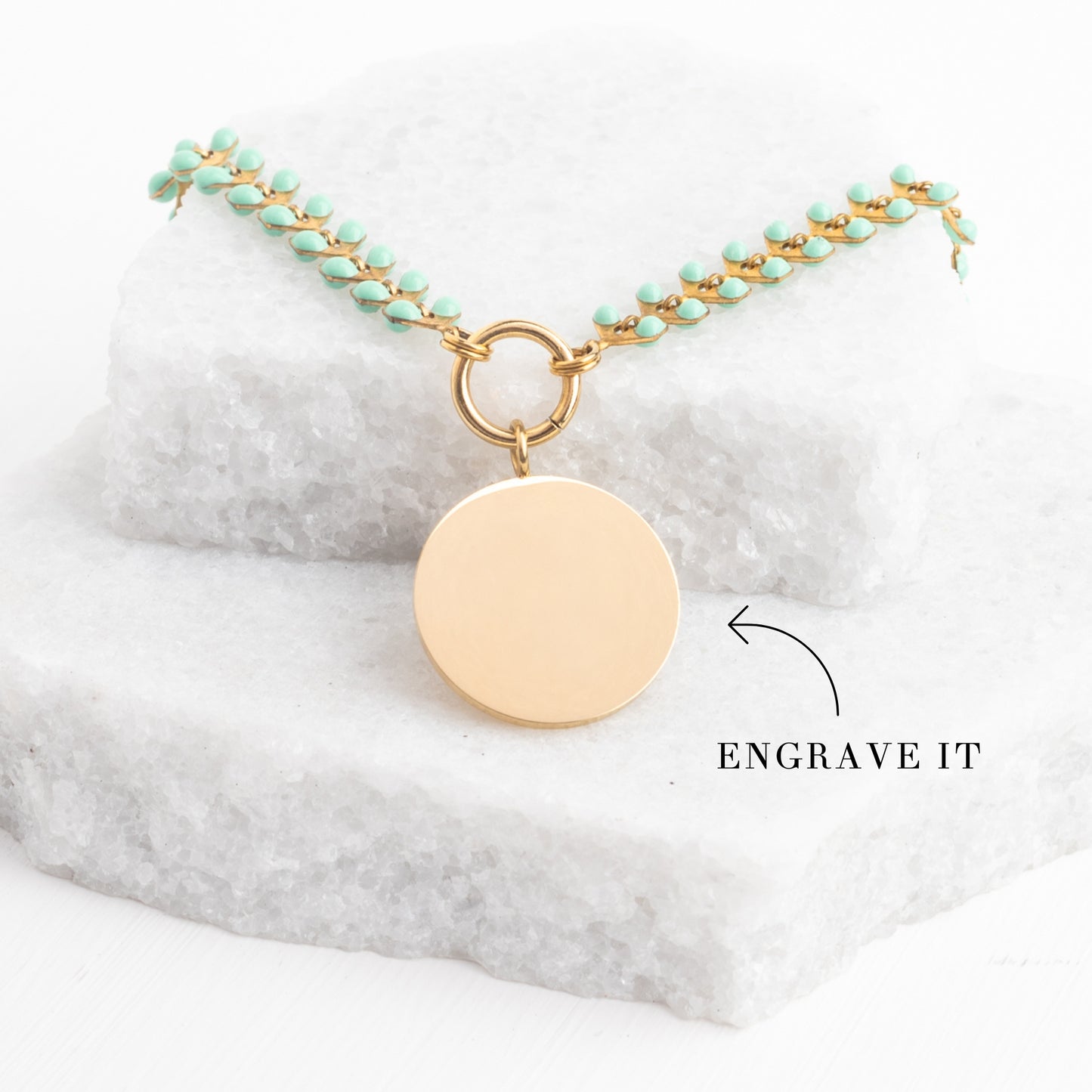 Engravable Round Pendant on Seeds of Hope Chain in Mint