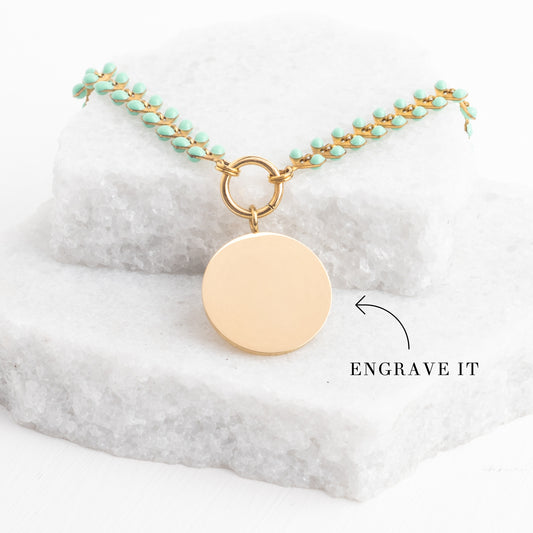 Engravable Round Pendant on Seeds of Hope Chain in Mint
