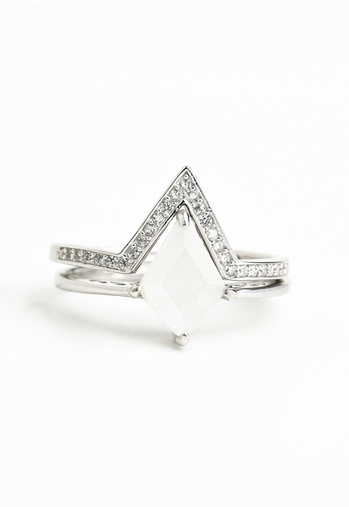 Perfectly-Paired Moonstone and Platinum Ring Set