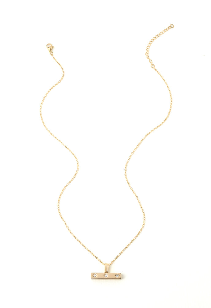 Bar necklace with 3 sun crystals etched in the gold