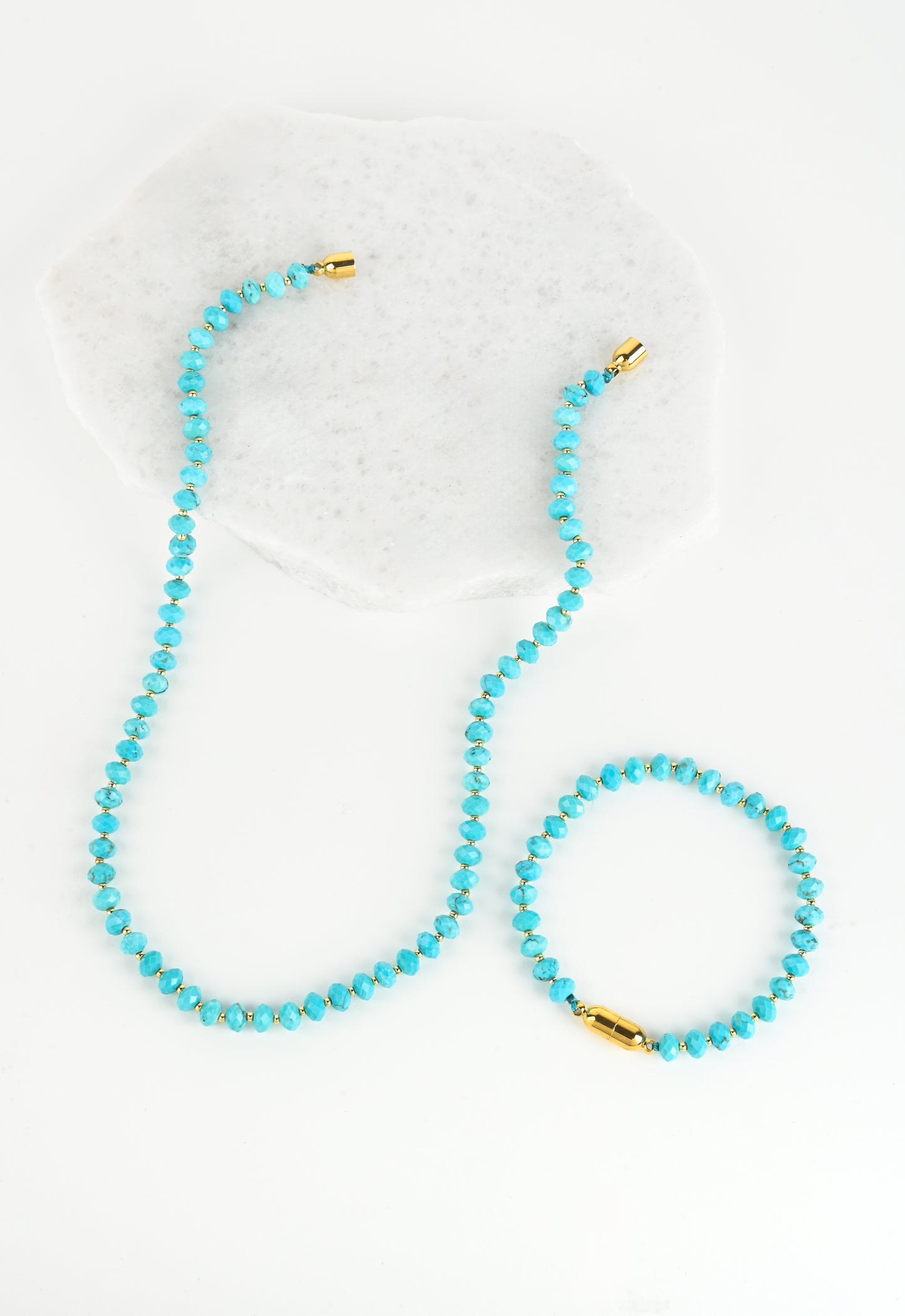Turquoise beads and gold beads necklace and bracelet with gold closures