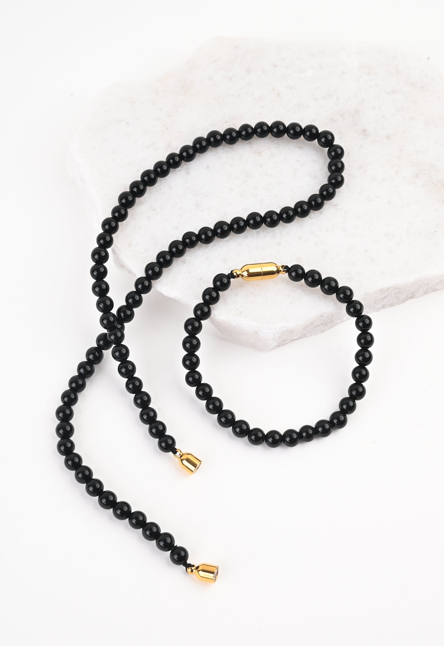 Black agate bead  necklace and bracelet with gold closures