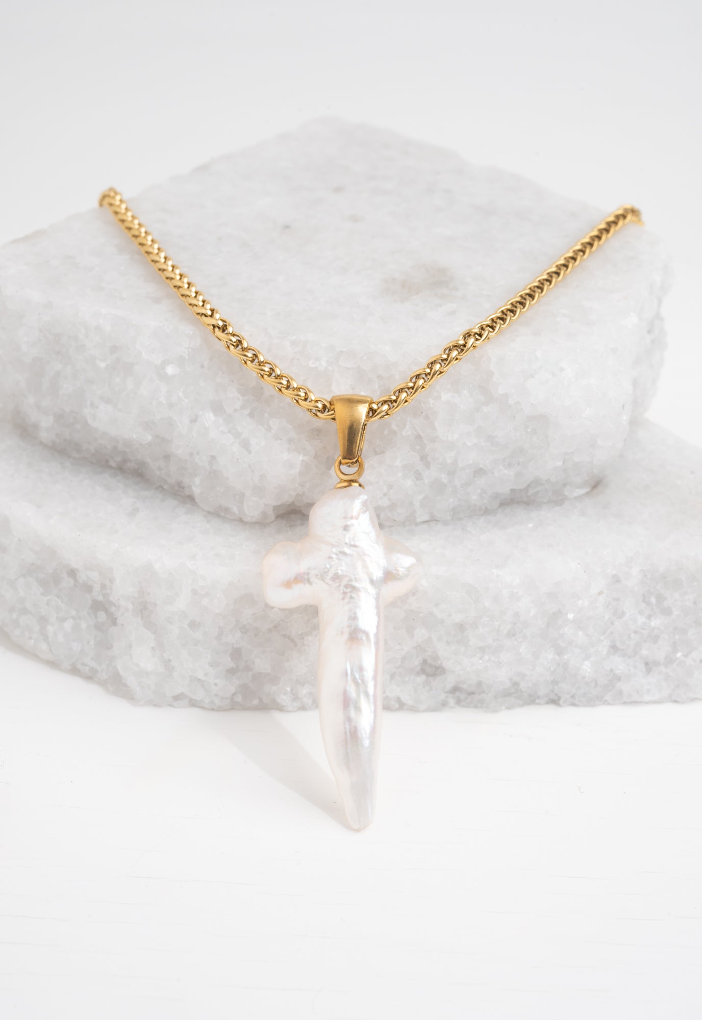 Biwa Cross on GOLD PLATED BOX CHAIN