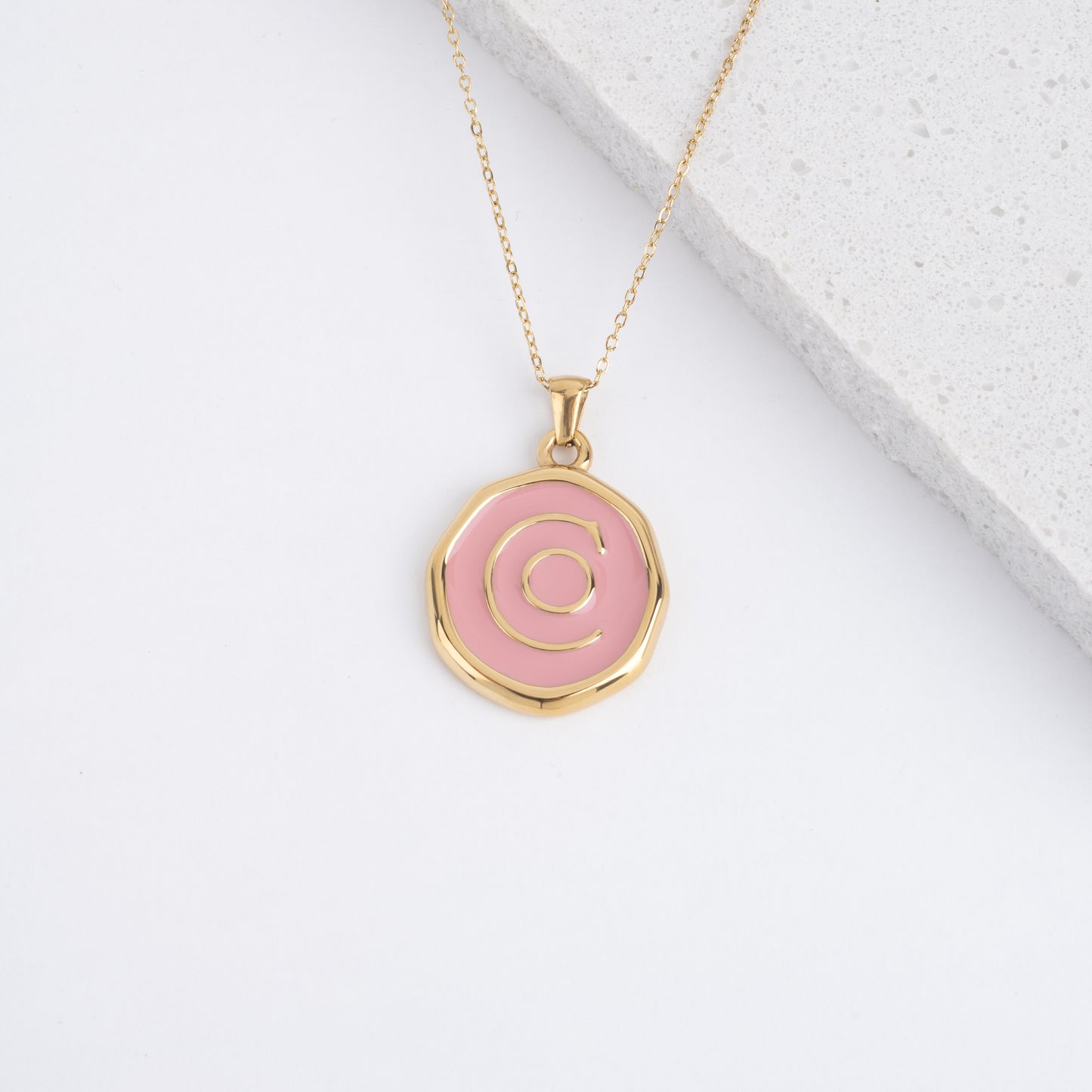 25mm gold pendant necklace with Pink enamel