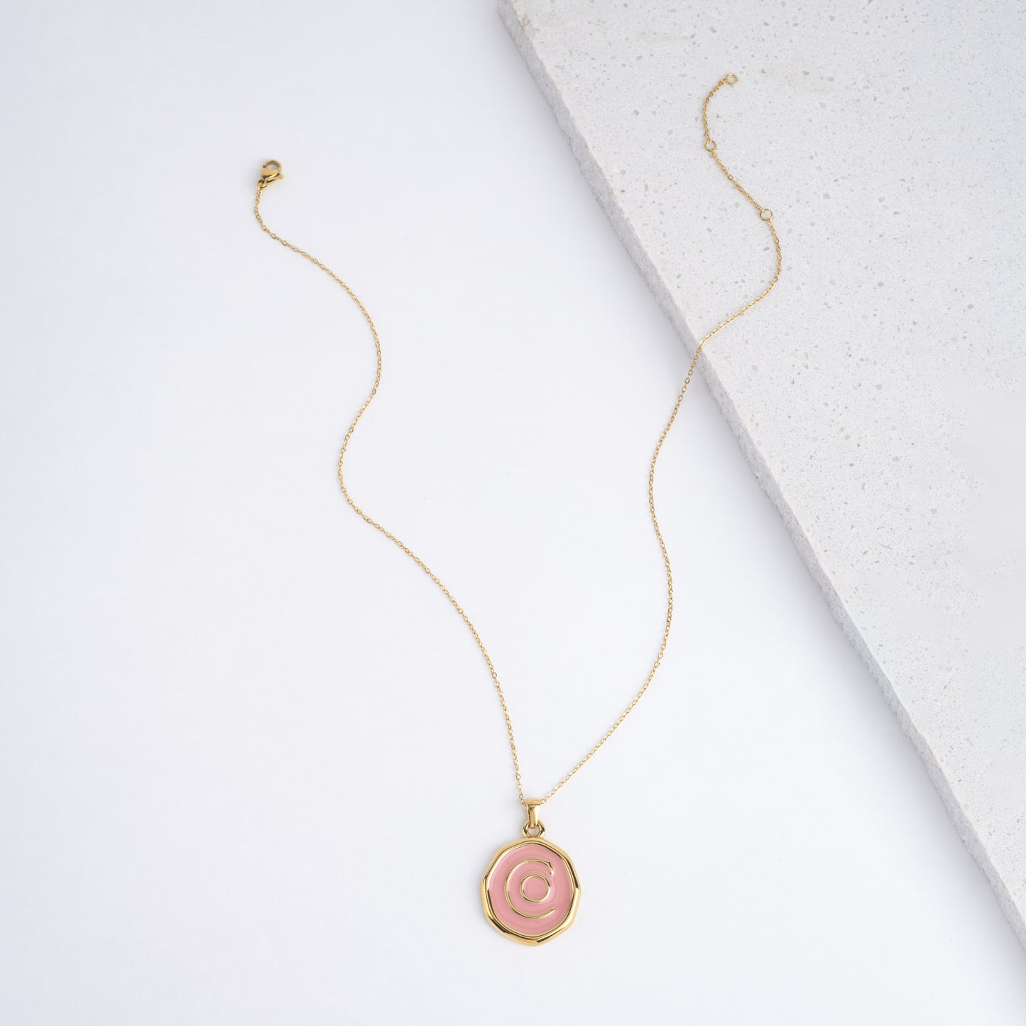 25mm gold pendant necklace with Pink enamel