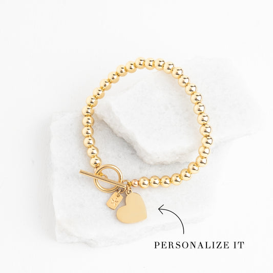 Engravable Heart Pendant on Handbeaded Gold Bracelet